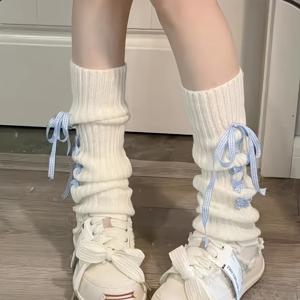 TEMU 소녀용 니트 레그워머 - 우아한 무릎 아래 종아리 보온, 내구성 있는 폴리에스터 겨울 액세서리, 캐주얼 & 포멀룩, 손세탁/드라이클린 가능, 체크무늬 리본 디자인, 청소년 패션, 쉬운 관리 소재