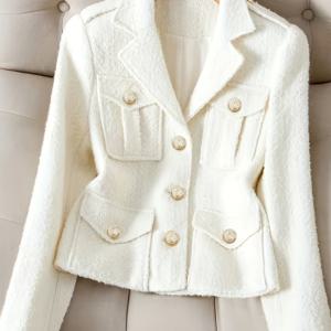 TEMU 여성용 우아한 하얀 트위드 , 골든 버튼 - 가을을 위한 세련된 긴 소매 재킷, 사무실 또는 캐주얼 착용에 적합, 캐주얼 사무실 재킷 | 우아한 | 트위드 원단 재킷