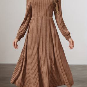 TEMU 우아한 긴팔 A라인 드레스 | 세로 디자인, 텐트 실루엣, 크루넥, 업무 및 캐주얼 행사에 적합, 봄/가을 시즌.