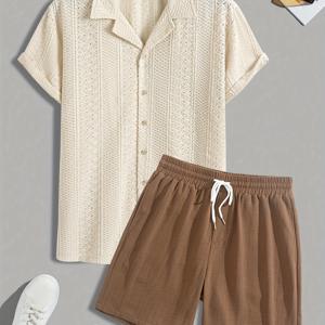 TEMU 남성용 캐주얼 반팔 셔츠 & 반바지 세트 - 기하학 패턴 쿠바 칼라 버튼업, 루즈핏 여름 의상, 끈 조절 허리, 비신축성 원단, 화이트 & 올리브 그린, 캐주얼 의상에 완벽, 여름 의상|기하학 패턴 셔츠|질감, 니트|린넨|반팔셔츠|남성반바지
