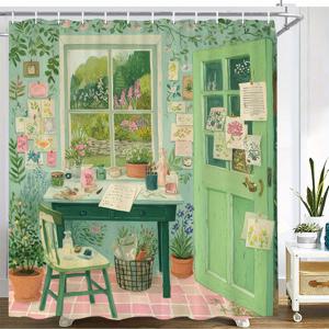 TEMU 1개 빈티지 프렌치 컨트리 샤워 커튼 - 민트 그린 & 핑크 플로럴 욕실 장식, 풍부한 잎사귀 & 파스텔 창문 디자인 - 후크 포함 세탁기 사용 가능 - 작은 욕실을 위한 아늑한 식물 욕조 커튼 - 쉬운 청소 욕실 액세서리 (그린, 핑크, 민트) - 녹색 테이블 & 의자가 있는 기발한 정원 룸 일러스트 - 편안한 공간을 위한 부드러운 파스텔 컬러