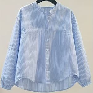 TEMU 여성용 우아한 블라우스 - 소프트 핑크 수직 줄무늬 패턴, 비신축성 버튼업 셔츠 (오피스 & 캐주얼 착용) - 세탁기 사용 가능 여성 의류