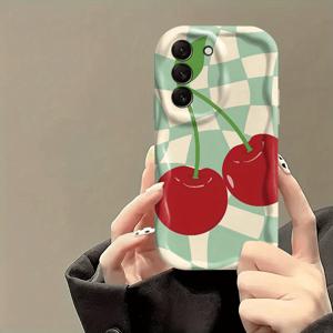 TEMU 체리 과일 그린과 베이지 플로우 웨이비 체크무늬 솔리드 화이트 컬리 웨이브 프레임 휴대폰 케이스, 삼성 갤럭시 S22/S22+/S22 Ultra/S23/S23+/S23 FE/S23 Ultra/S24/S24 Plus/S24 Ultra/A35/A05s/A15/A53/A54/A05/A51/A55/A56/A71/A72/A73/A33/A32/A14용, L