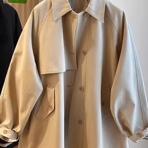 TEMU 가을 캐주얼 트렌치 코트, 라펠과 단추, 긴 소매 루즈 재킷, 사이즈 대형