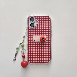 TEMU 폰 케이스: 클래식 레드 체크 무늬 입체 토마토 풀커버 폰 케이스 + 레드 스트랩 - 투피스 세트, 16 Pro/15/14 Pro Max/13 호환