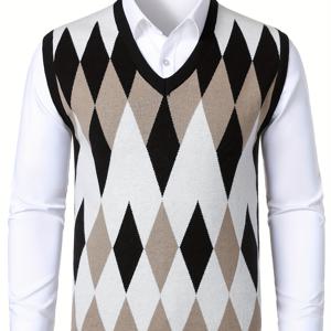TEMU 남성 캐주얼 V넥 니트 조끼, 대비용 로미노스 플레드 패턴 - 봄/가을용 슬리브리스 풀오버, 블랙 & 베이지 컬러 블록 디자인, 캐주얼 의상용 레귤러 핏 스웨터, 봄 아우터웨어, 스타일리시한 V넥, 편안한 니트웨어