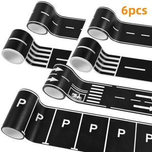 TEMU 도로 테이프 6롤, 생일 파티 레이싱 장식, 쉽게 붙이고 떼어내는 잔여물 없는 트랙 테이프, 4가지 종류의 도로 테이프, 자동차 테마 축제, 레이싱, 스포츠 이벤트에 완벽