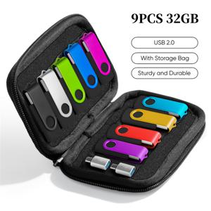TEMU USB 플래시 드라이브 세트: 9팩 128MB/4GB/16GB/32GB USB 2.0 손가락 드라이브, 저장 포켓 및 2개의 USB-C 어댑터 포함, 데이터 전송용 휴대용 메모리 스틱, OTG 폰, 맥, PC, 노트북과 호환 가능