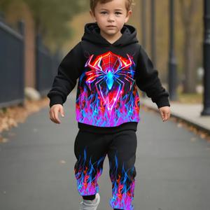 TEMU 남아용 후드 스웨트 셋. 3D 연기, 거미 프린트 패턴, 플러시 안감 후드 및 조거, 야외 활동에 완벽. 손으로 자르기, 어린이를 위한 이상적인 할로윈 선물.