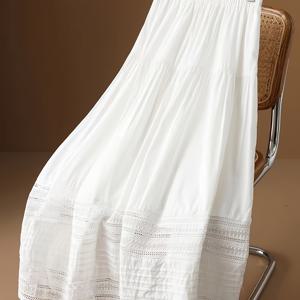 TEMU 우아한 프렌치 스타일 화이트 A라인 스커트, 대조 레이스 트림 - 하이웨이스트, 여성용 플로우 디자인, 봄/여름/가을에 완벽, 캐주얼 또는 정장 행사에 적합, 계절 패션 | 레이스 디테일 스커트 | 플로우 원단