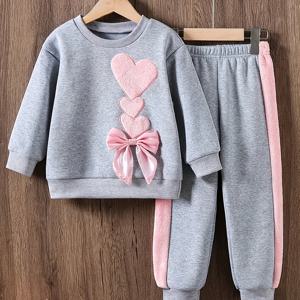 TEMU 여아용 2pcs 아웃핏, 캐주얼 크루넥 긴팔 상의, 하트와 보우 자수, 리브드 니트 폴리에스터, 스트레치되지 않은 원단, 정상 핏, 신축성 있는 허리 바지, 가을과 겨울 패션, 일상 착용, 외출, 파티, 스포츠, 야외 착용에 적합, 야외 착용에 완벽|여아한복