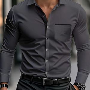 TEMU 남성용 솔리드 컬러 비즈니스 캐주얼 긴팔 셔츠 (포켓 포함). 대조 색상, 남성용 플러스 사이즈 셔츠, 고품질 남성용 플레인 셔츠, 남성용 정장 셔츠, 남성용 캐주얼 셔츠, 데일리 아웃핏, 비즈니스 캐주얼 웨어, 클래식 디자인, 슬림 실루엣, 스티칭, 통기성 셔츠, 버튼업 셔츠, 슬림 핏 셔츠, 스타일리시한 신사, 비즈니스 전문가