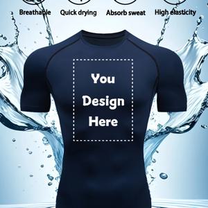 TEMU 남성용 맞춤형 빠른 건조 압축 피트니스 셔츠 - 높은 탄성성의 통기성 폴리에스터 & 스판덱스 블렌드, 습기 방지 운동 상의, 러닝, 체육관, 사이클링 - 개인화 로고 디자인, 팀 유니폼, 학교 스포츠 의류, 체육관 팀웨어, 맞춤 로고 셔츠, 스포티 디자인, 하이엘라스틱 원단