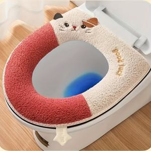 TEMU 2025년 새로운 모델 가정용 화장실 좌석 커버 - 고양이 패치워크 디자인, 마이크로파이버 자수 두꺼운 화장실 쿠션, 모든 계절에 사용 가능한 손잡이 지퍼, 전기 필요 없음, 화장실 액세서리, 재미있는 욕실 장식, 부드러운 질감의 원단|변기부속품|변기커버