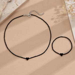 TEMU 2개 세트 - 하트 비즈 목걸이 & 팔찌 조절 가능한 여성용 초커, 엄마와 딸 그리고 자매에게 적합|비즈목걸이