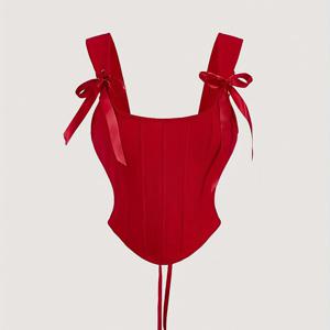TEMU 크리스마스 컬러 매칭 여성 바디콘 크롭탑, 솔리드 Y2K 패션 보우 스트랩 피쉬본 조끼 백 타이 벨트 데일리웨어 파티 이브닝 티파티 모임 가을 겨울 레이디스 바디수트 란제리