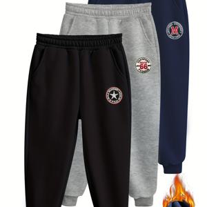 TEMU 3개 세트 남아용 포켓이 있는 플리스 자수 조거 팬츠, 가을 겨울용 일상 및 스포츠복, 두꺼운 보온 스포츠 바지, 아동용 야외 의류, 선물 추천