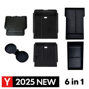 TEMU 테슬라 모델 Y LAUNCH JUNIPER 2025용 센터 콘솔 암레스트 수납 박스 세트: 플로킹 처리된 전면 수납박스 1개, 후면 수납박스 1개, 전면 하단 수납박스 1개, 후면 하단 수납박스 1개, 암레스트 숨겨진 수납공간 1개 및 컵홀더 포함