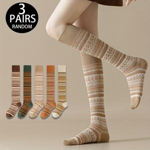 TEMU 랜덤 3팩 여성용 종아리 양말 봄/여름 민족 스타일 롱 튜브 양말 더블니들 가을/겨울 빈티지 따뜻한 트렌디 고품질 양말 일상 사용에 적합
