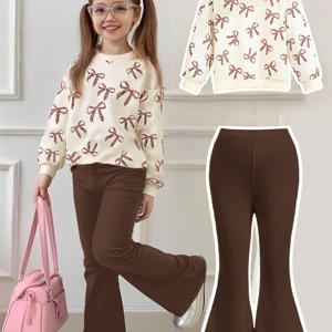 TEMU 여아용 캐주얼 패션 투피스 세트 - 풀프린트 보우타이 긴팔 리브드 스웨트셔츠와 니트 플레어 팬츠, 가을용 아웃도어