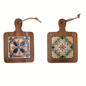 TEMU 2개 세트 솔리드 우드 플로랄 타일 포트 홀더 & 코스터 세트 - 열 절연, 미끄럼 방지, 레트로 장식 주방/식탁용, 목재 테이블 액세서리|플로랄 포트 홀더|내구성 있는 목재 구조, 테이블용 포트 홀더