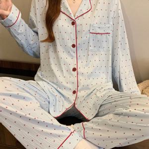 TEMU 프랑스 빈티지 폴카 도트 프린트 여성용 파자마 세트 패션적인 우아한 간단한 달콤한 두 개의 파트 루즈웨어 캐주얼 오픈 프론트 칼라 긴 소매 + 여유로운 나인 텐스 바지 더블 롱 홈 슬립웨어 가을 겨울 새로운 스타일|잠옷|빈티지|파자마