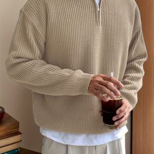 TEMU 남성 캐주얼 V넥 지퍼업 스웨터 - 단색 베이지, 편안한 핏, 긴 소매, 가을/겨울 패션, 캐주얼 웨어|편안한 핏 스웨터|나일론 원단