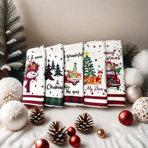 TEMU 크리스마스 타월 세트 5개 - 현대적인 초흡수 500 GSM 욕실 & 주방 타월, 휴일 테마 프린트 (순록, 눈사람, 종) 욕실 및 주방용, 손세탁 전용 - 5개 묶음|수건