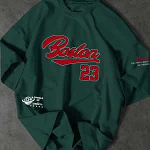 TEMU 남성용 보스턴 23 로고 티셔츠 - 아이코닉 레드 & 화이트 프린트, 루즈핏 여름 캐주얼 티, 넘버 23 저지 디자인, 부드러운 폴리-레이온 소재, 팬, 스포츠 & 캐주얼 웨어 (세탁기 사용 가능)