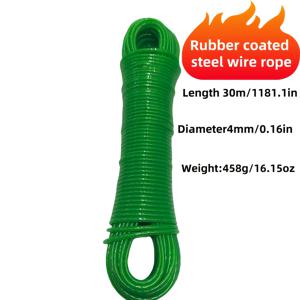 TEMU 30m 녹색 스틸 와이어 빨래 건조대, 고무 코팅, 방수 및 녹 방지, 가정/발코니/야외/여행용으로 내구성이 뛰어나고 튼튼함, 다용도 걸이 로프 (메탈 클램프 포함), 여행용 빨래 건조대 | 모던 빨래 건조대 | 튼튼한 구조