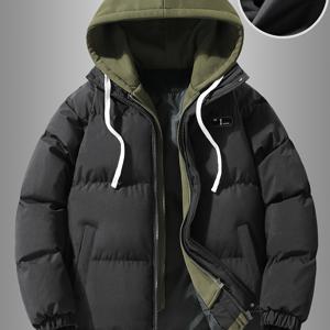 TEMU 남성 겨울 후드 재킷 - 따뜻한 폴리에스터 코트, 이중톤 녹색 & 검정 디자인, 앞 포켓 & 조절 가능한 후드, 캐주얼 & 공식 착용, 세련된 아우터웨어, 내구성 있는 아우터웨어