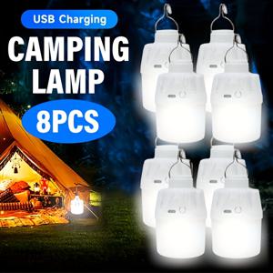 TEMU 8개 리행스타 LED 캠핑랜턴, USB 충전식 150LM 수퍼브라이트 휴대용 텐트등, 금속후크 & 걸이 체인 포함 - 하이킹, 캠핑, 파티, 낚시에 적합한 비상발전기 호환 (오렌지/화이트)|보조배터리|캠핑랜턴