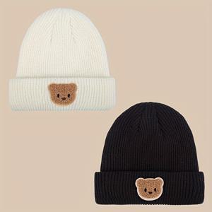 TEMU 2개 세트 여아용 니트 겨울 모자 - 귀여운 곰돌이 디자인, 탄력 있는 스트레치 비니, 부드러운 니트 방한 모자, 블랙/베이지, 일상 & 설날 의상, 겨울 니트 모자, 자수 곰돌이 디자인, 편안한 헤드웨어, 어린이 휴일 의상