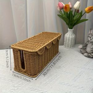 TEMU 손으로 짠 모조 라탄 데스크탑 케이블 정리 상자 - 가벼우면서도 내구성이 뛰어난 PP 플라스틱 메이크업 보관함, 사무실 장비, 전원 케이블 및 데이터 라인, 카운터탑 정리, 독립적인 디자인, 사무실 케이블 관리, 우아한 디자인, 자연스러운 느낌, 튼튼한 구조