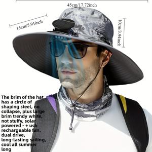 TEMU 남녀공용 강화된 챙 구조의 태양광 팬 낚시 모자, 3단계 풍속 태양열 팬, USB 충전 지원, 통기성 쿨링 디자인, 더 넓은 챙 보호, 하이킹, 여행, 정원 등 야외 활동에 적합