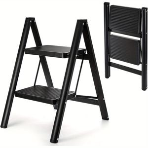TEMU 공간 절약형 2단계 접이식 계단, 미끄럼 방지 넓은 단계 - 가벼운 휴대용 금속 의자, 가정 및 주방용, 검정색과 흰색, 등반을 위한 튼튼한 프레임, 계단 접이, 주방 접근, 현대 계단 디자인, 내구성 있는 구조