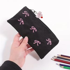 TEMU 2개 세트 블랙 리본 자수 펜슬 케이스 - 아이브로우, 립스틱 메이크업 정리용 귀여운 휴대용 화장품 파우치|눈썹펜슬