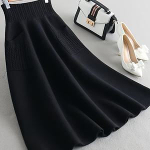 TEMU 플러스 사이즈 - 여성용 캐주얼 미디 스커트 더블 포켓 - 플레어드 헴, 루즈핏, 부드러운 플리스 소재, 단색, 가을/겨울에 완벽한 의류 | 플레어드 헴 스커트 | 건축, 귀여운 스커트