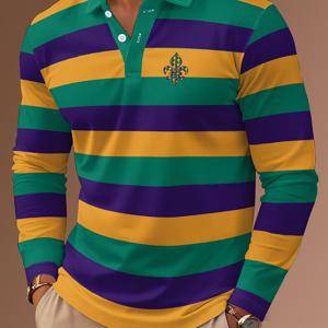 TEMU 큐지에르 시리즈 남성용 3D 디지털 프린트 긴팔 셔츠 - 캐주얼 버튼업, 생기 넘치는 그린/옐로우/퍼플 줄무늬, 사계절 기계 세탁 가능 레귤러 핏, 다재다능한 남성복, 대비된 디자인, 내구성 있는 캐주얼웨어