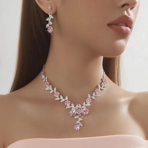 TEMU 여성을 위한 핑크색 신부 라인스톤 목걸이와 귀걸이 세트 - 일상, 결혼식, 파티, 축제, 무대 공연, 프롬 및 정장 액세서리에 완벽