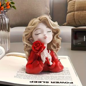 TEMU 크림 스타일 여아 장식품 - 빨간 장미 & 금색 포인트가 있는 우아한 레진 피규어, 현관, 거실, 사무실 책상, 할로윈, 추수감사절, 크리스마스, 새해의 밤 장식, 축제 분위기의 홈 데코 | 우아한 피규어 | 섬세한 장인 정신