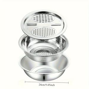 TEMU 3개 세트, 스테인레스 스틸 주방 세트, 대용량 통합 그라인더 포함, 다기능 스테인러 및 혼합용기, 청소, 슬라이싱, 셰이킹, 과일, 야채, 치즈 | 배수 시스템 디자인 포함, 주방 및 가정용 요리에 이상적