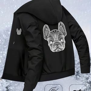 TEMU 남성용 프렌치 불독 프린트 후드 재킷 - 라이트 그레이 지퍼업 코트, 슬림핏 방풍 가을/겨울 아우터웨어, 기계 세탁 가능 캐주얼 & 포멀 일상 및 특별 행사용 겨울 자켓, 부드러운 소재