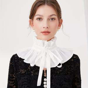 TEMU 1pc 여성용 빈티지 리플링 타이 프론트 칼라 블라우스 - 화이트 레이스 트림, 하이 넥, 롱 슬리브, 폴리에스터, 손세탁 또는 드라이 클리닝, 캐주얼 또는 드레스 업을 위한 완벽한 블라우스, 빈티지 블라우스