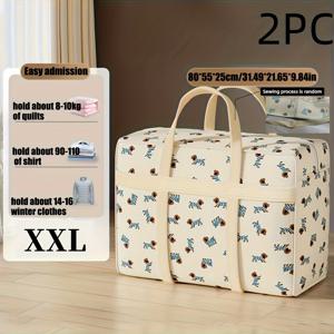 TEMU 2개 대형 헤비듀티 접이식 수납백, 튼튼한 지퍼 잠금 & 베이지/손잡이 - 먼지 방지 및 방습 폴리에스터 여행용 캐리어, 이사, 침구 정리 - 귀여운 기린 프린트 & 갈색 얼룩이 있는 베이지, 자주 여행하는 사람들에게 이상적, 비행기 기내용, 이사 필수품, 내구성 있고 넉넉한 수납 솔루션 (손세탁 가능), 여행 가방