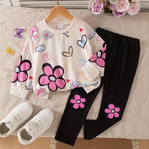 TEMU 여아용 캐주얼 아웃핏 플로럴 프린트 라운드넥 오프숄더 긴팔 상하의 세트 - 봄/가을 야외 활동에 완벽한 투피스