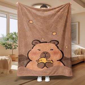 TEMU 1개 귀여운 카피바라 & 물고기 프린트 플란넬 담요 - 부드러운 갈색 침대, 소파, 캠핑용 올시즌 사용 가능 - 커플, 가족, 반려동물 애호가를 위한 따뜻한 선물 - 내구성 강하고 관리 쉬운 현대적 디자인