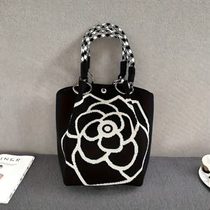 TEMU 2025 신상 빈티지 플로럴 니트 토트백 - 버클 클로저, 내구성 폴리에스터, 고정 숄더 스트랩 디자인의 빈티지 멜란지 핸드백, 업무, 출퇴근, 여가 활동에 적합|슬링백