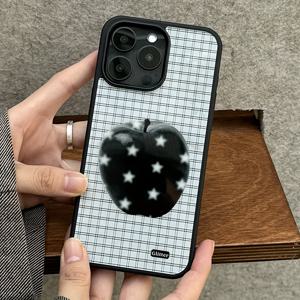 TEMU 스타일리시 글리터 스타 블랙 애플 체크 무광 아이폰 16 15 14 11 프로 맥스 플러스 트렌디 심플 아크릴 보호 케이스