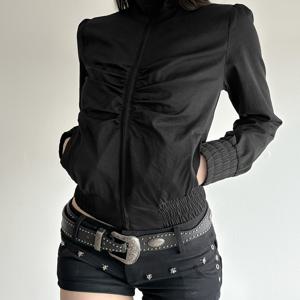 TEMU 사시걸스 여성 슬림핏 스탠드 칼라 지퍼 재킷 - 블랙 캐주얼 워크웨어 텍스처 패널링, 세탁기 사용 가능 가을 겨울 아우터웨어 (청바지 & 스커트용)